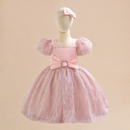 Light Pink Puff Sleeve Princess Dress for Girls – Flower Girl & Party Gown