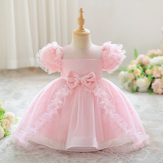 Light Pink Tulle Puff Sleeve Princess Dress for Kids | Ball Gown with Bowknot