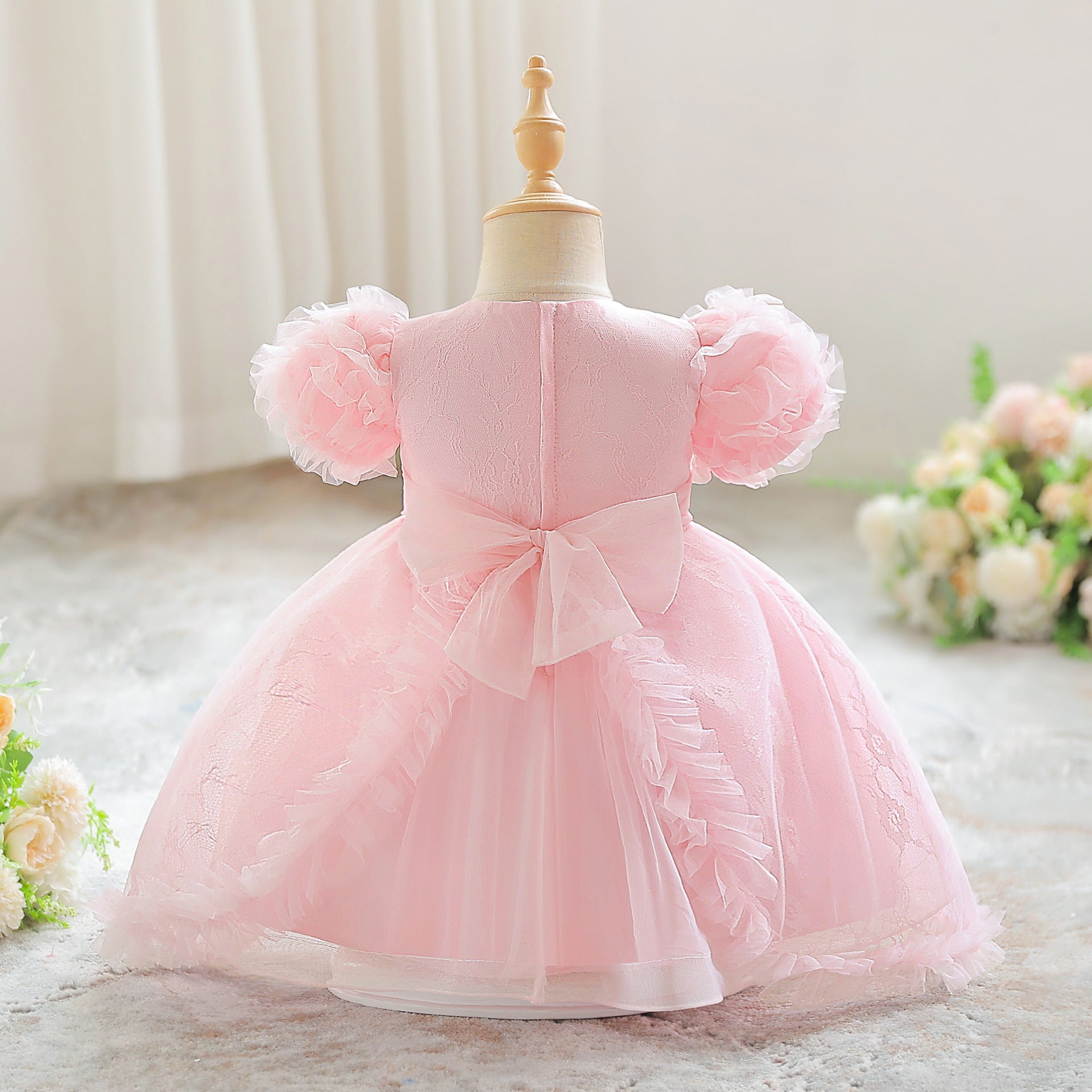 Light Pink Tulle Puff Sleeve Princess Dress for Kids | Ball Gown with Bowknot