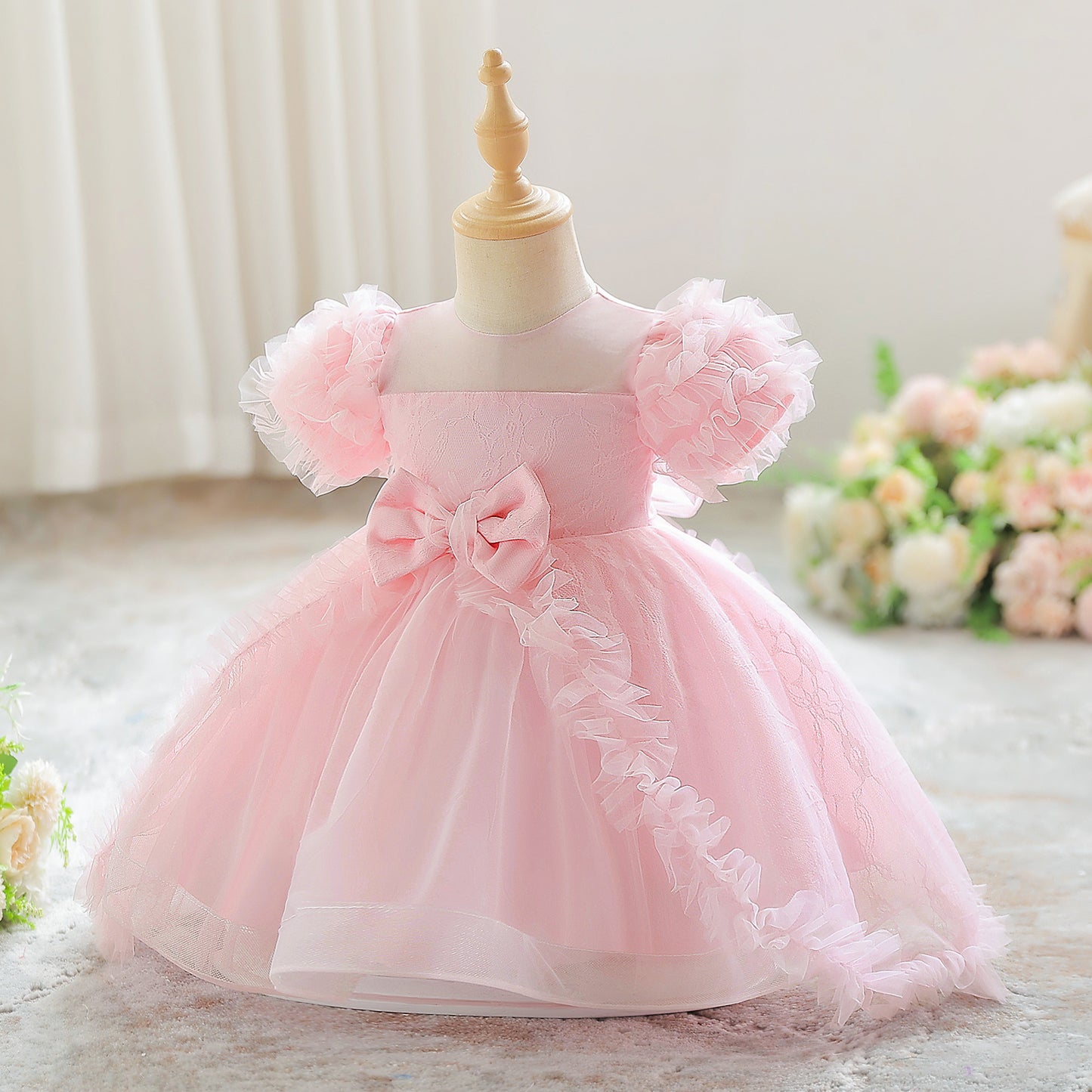 Light Pink Tulle Puff Sleeve Princess Dress for Kids | Ball Gown with Bowknot