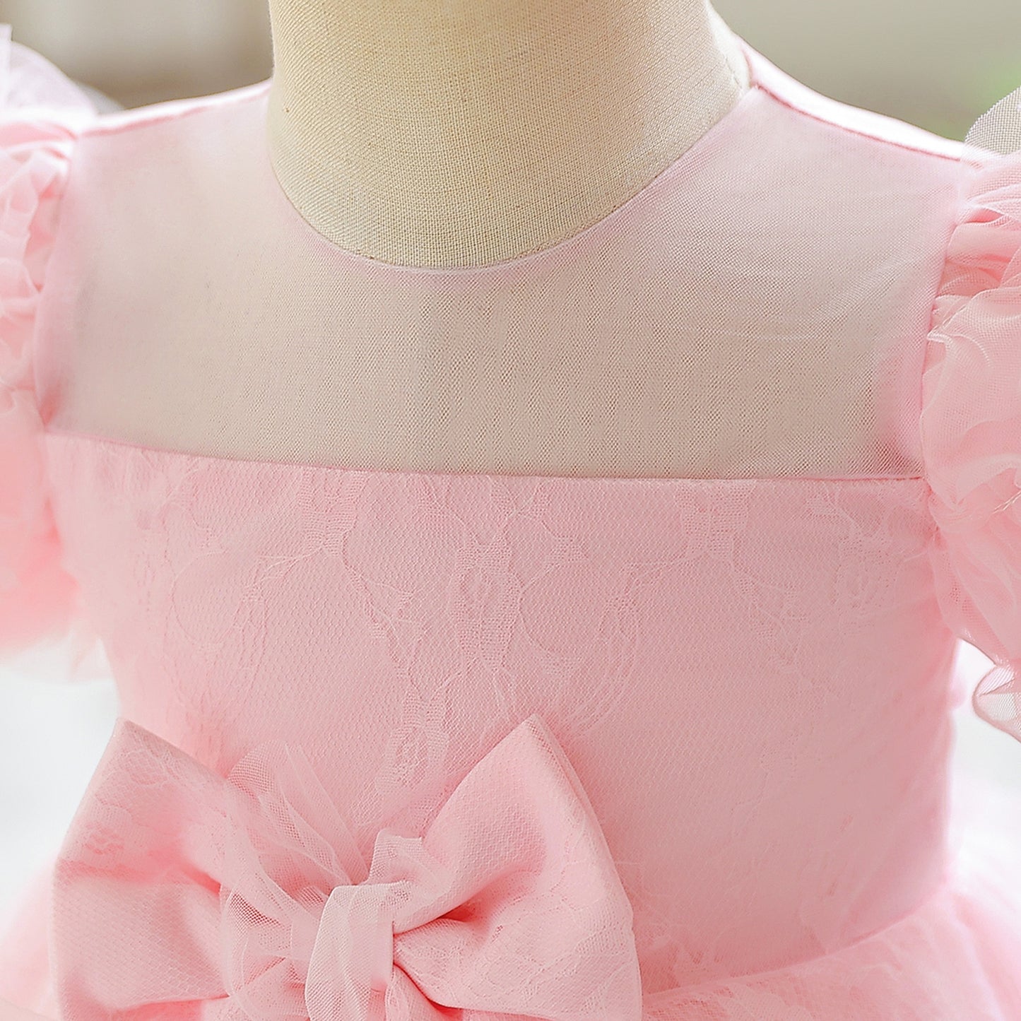 Light Pink Tulle Puff Sleeve Princess Dress for Kids | Ball Gown with Bowknot