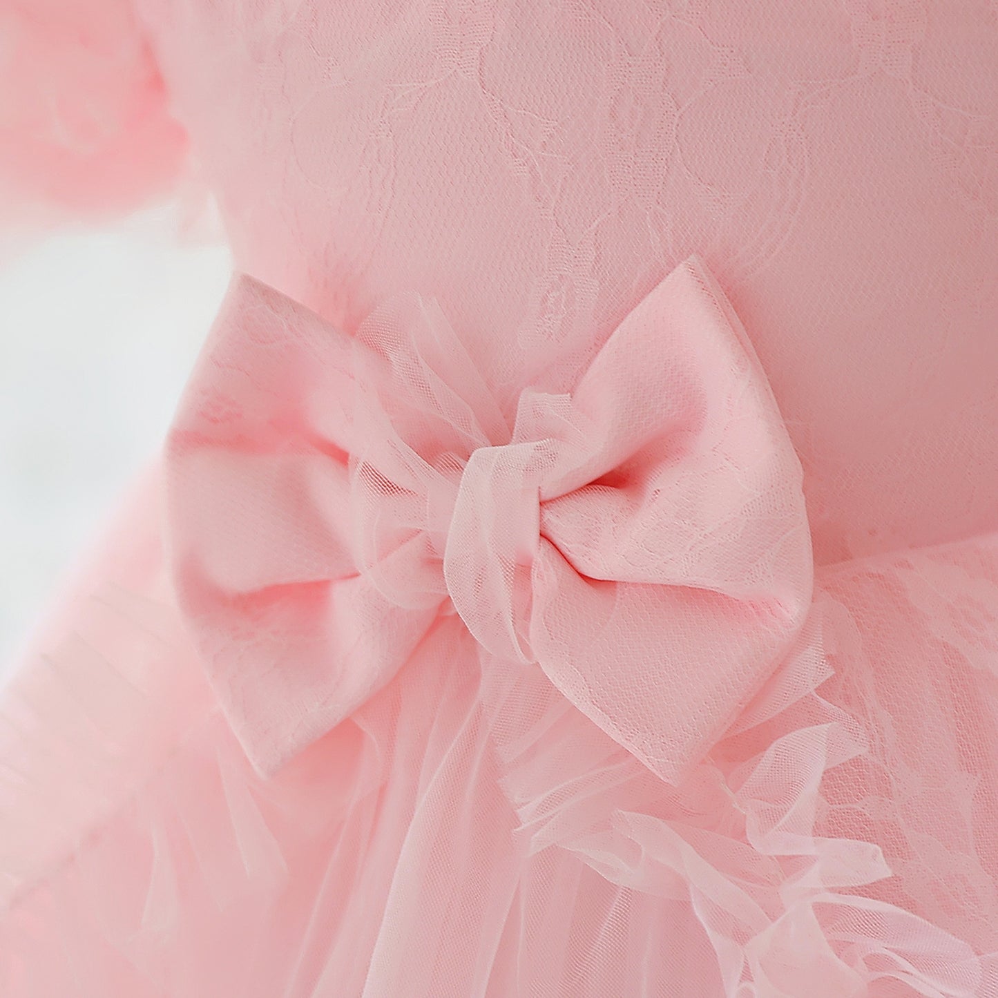 Light Pink Tulle Puff Sleeve Princess Dress for Kids | Ball Gown with Bowknot