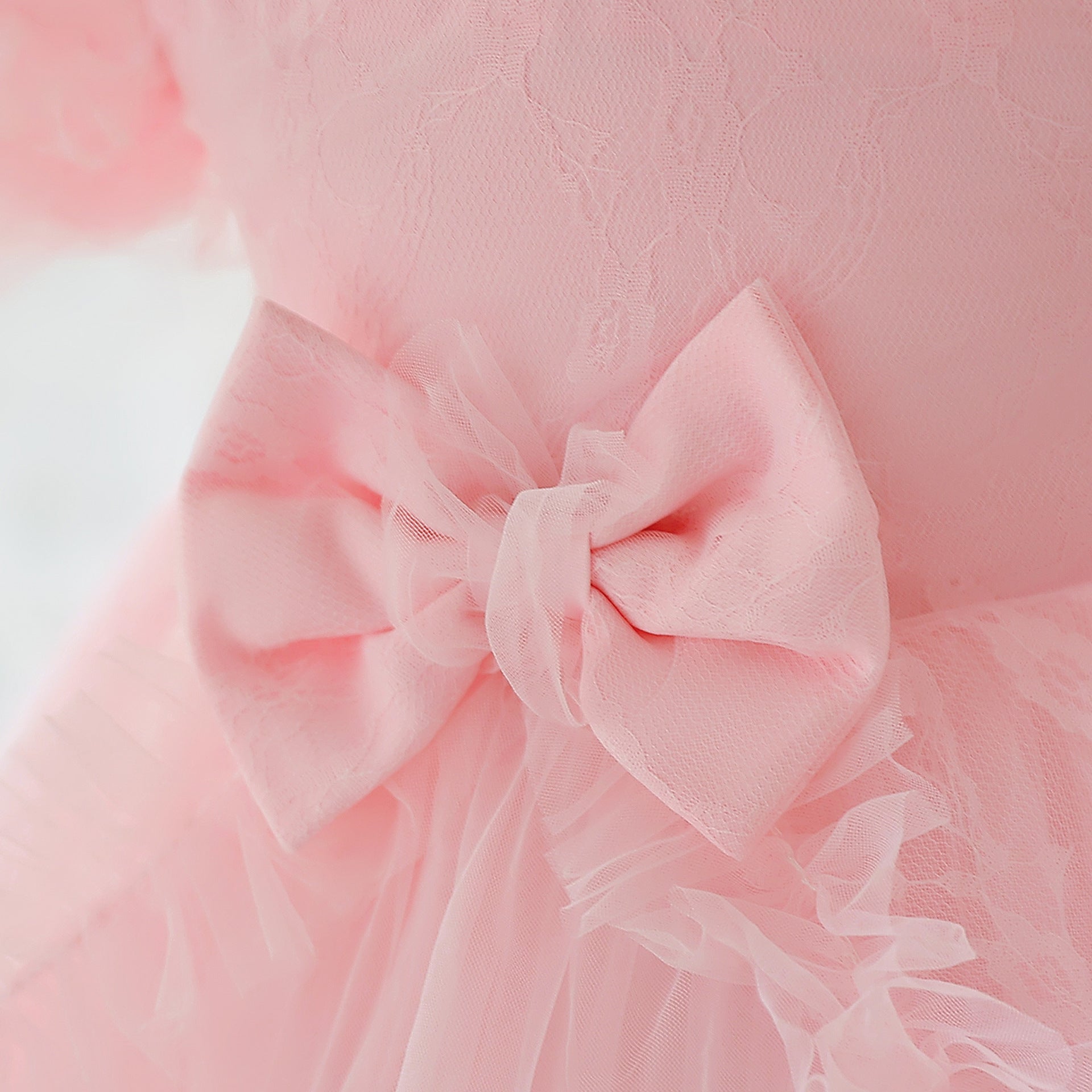 Light Pink Tulle Puff Sleeve Princess Dress for Kids | Ball Gown with Bowknot