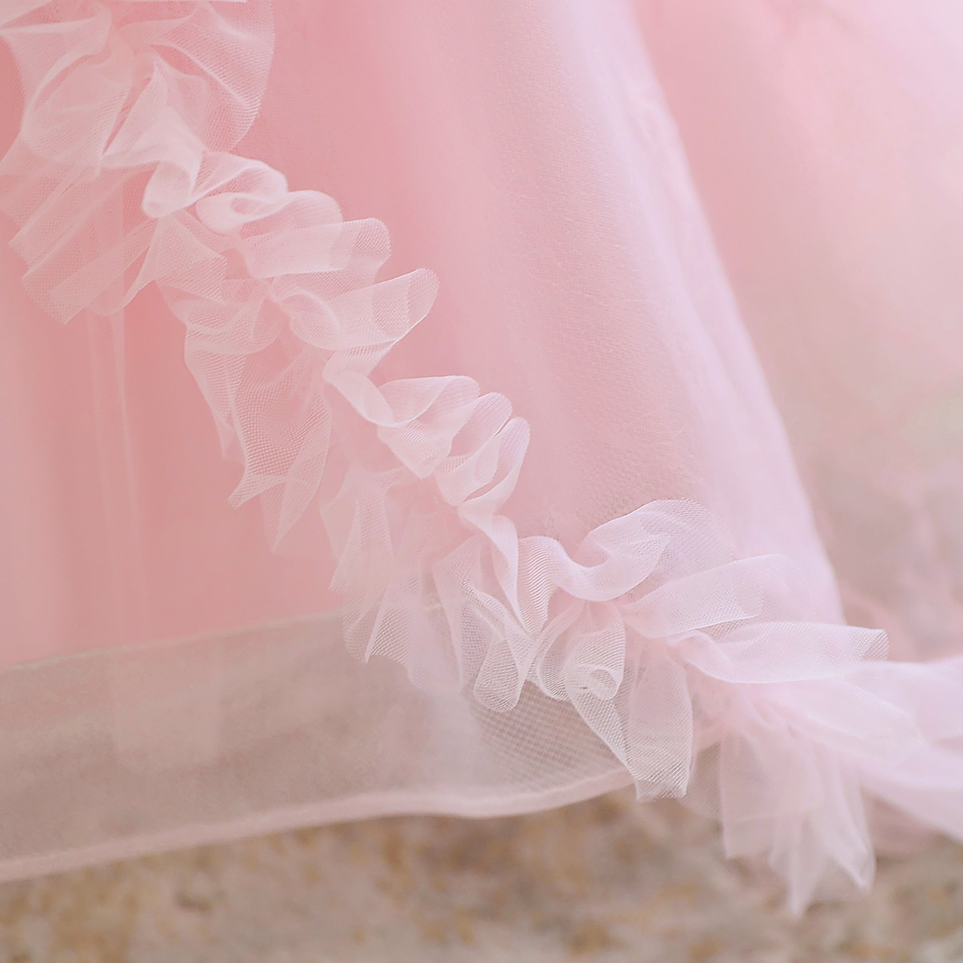 Light Pink Tulle Puff Sleeve Princess Dress for Kids | Ball Gown with Bowknot