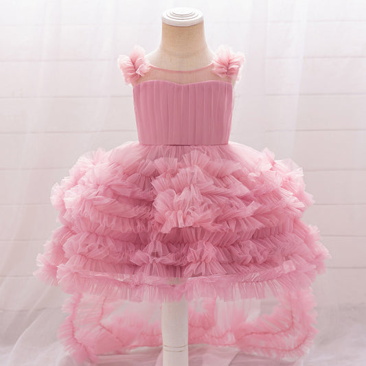 Light Pink Puffy Tulle High-Low Dress for Girls | Sweetheart Neck Ball Gown