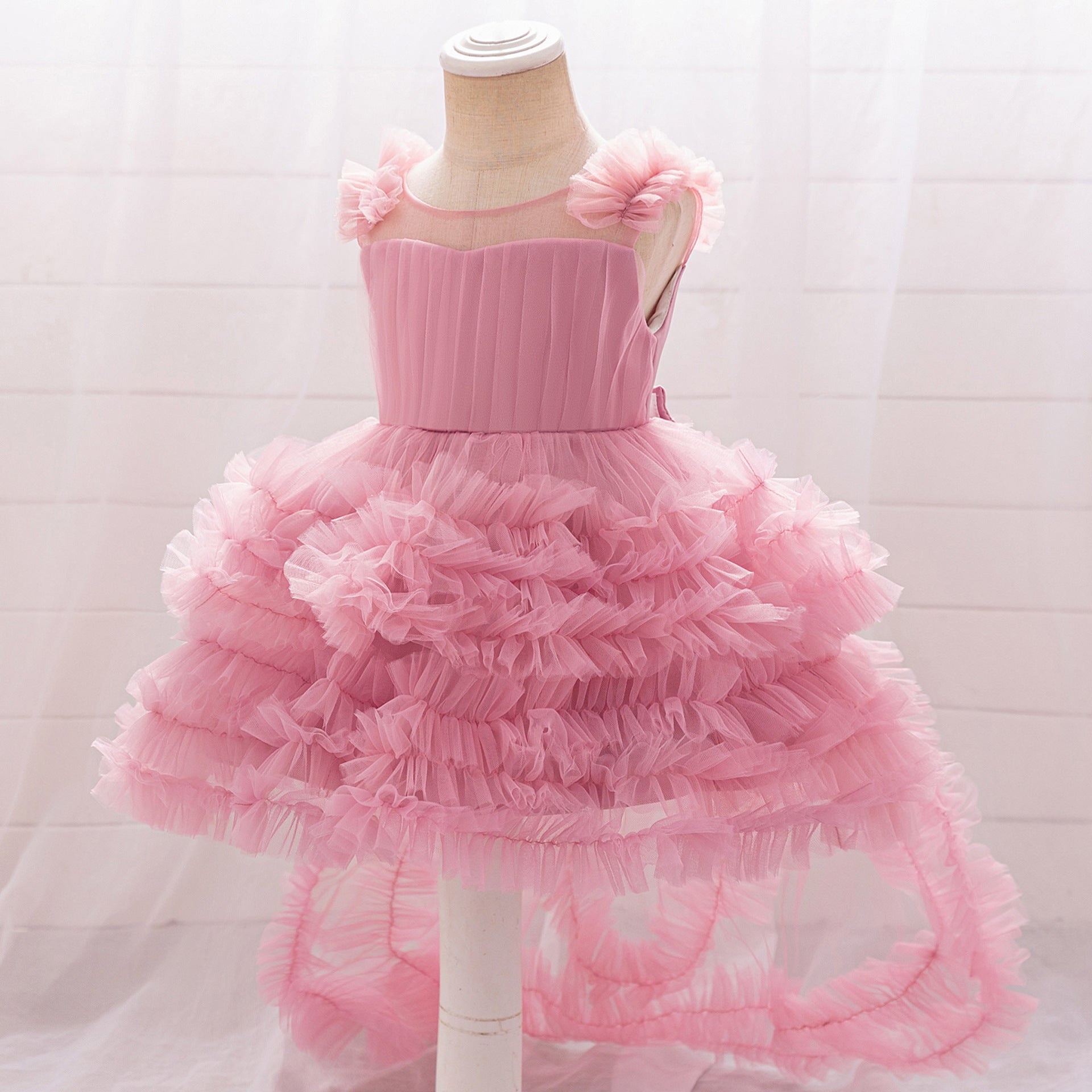 Light Pink Puffy Tulle High-Low Dress for Girls | Sweetheart Neck Ball Gown