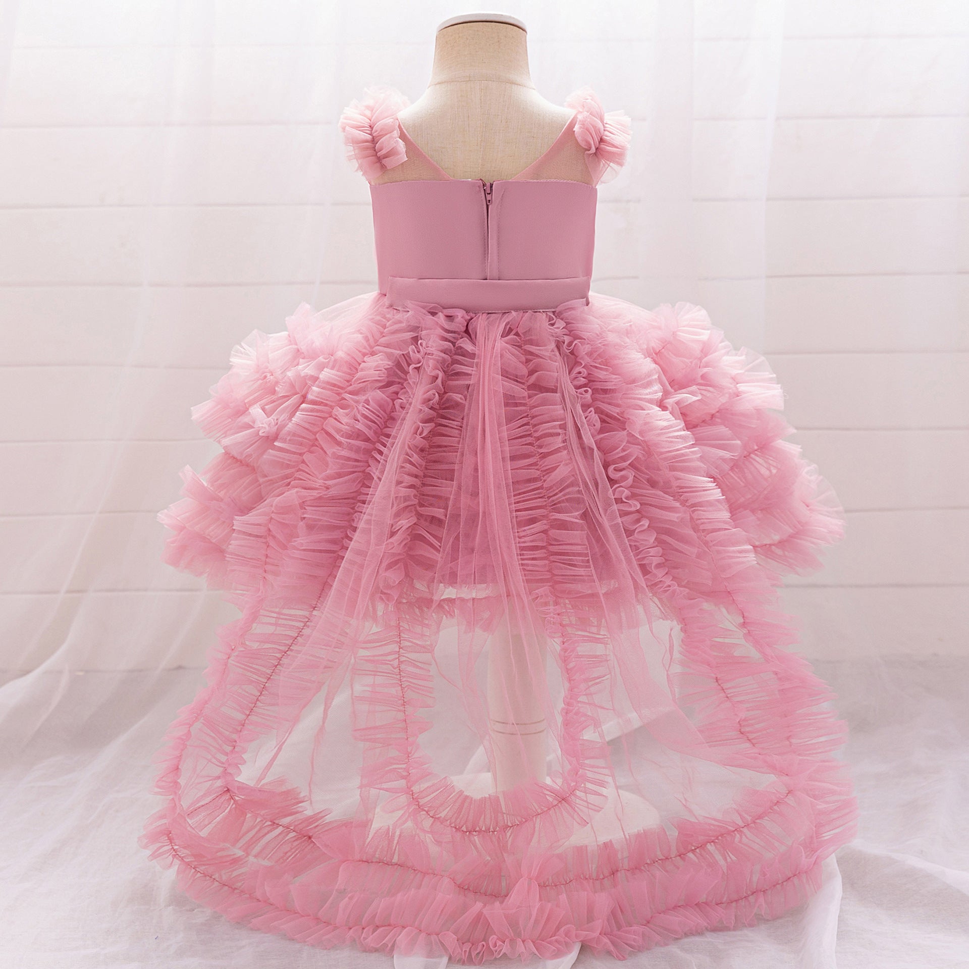 Light Pink Puffy Tulle High-Low Dress for Girls | Sweetheart Neck Ball Gown