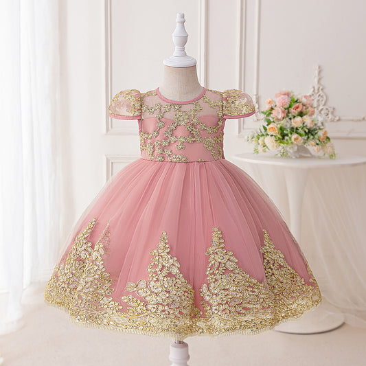 Light Pink Puffy Princess Lace Dress for Girls – Tea Length Ball Gown