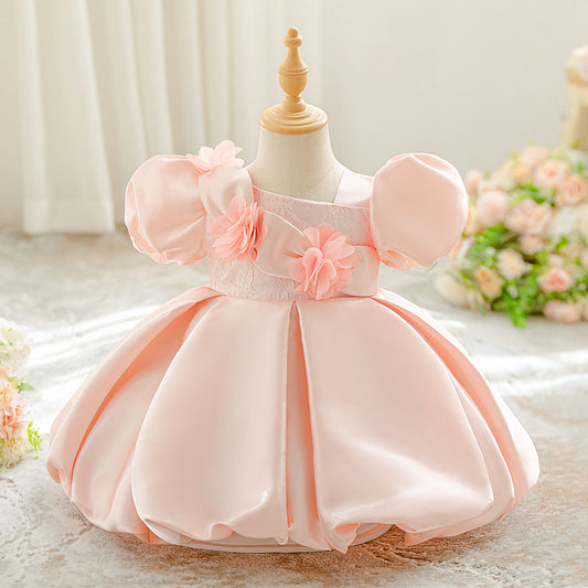 Light Pink Princess Ball Gown with Puffy Sleeves for Girls – Satin Lace Applique Dress