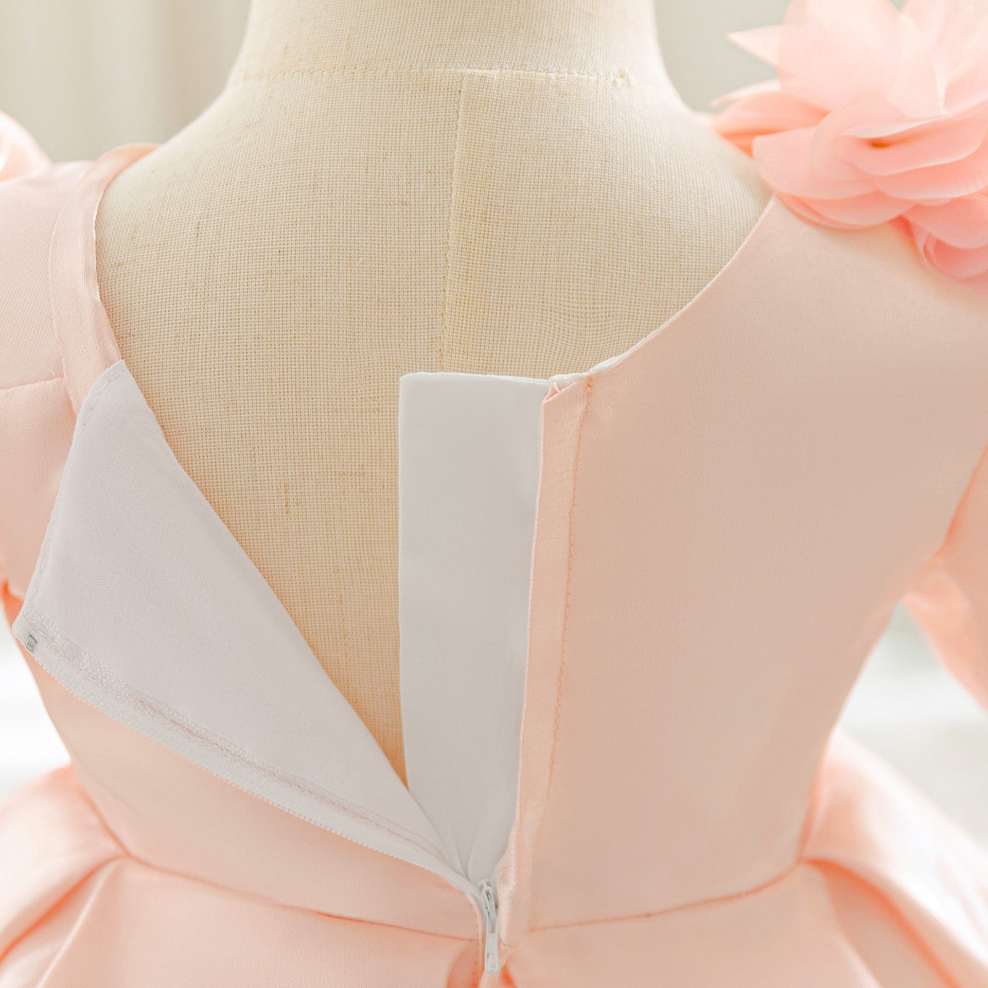 Light Pink Princess Ball Gown with Puffy Sleeves for Girls – Satin Lace Applique Dress