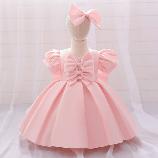 Light Pink Toddler Princess Dress with Bow & Ruffles | Satin A-Line Party Dress