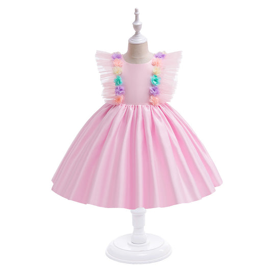 Light Pink Satin A-Line Flower Girl Party Dress with Ruffles & Flowers