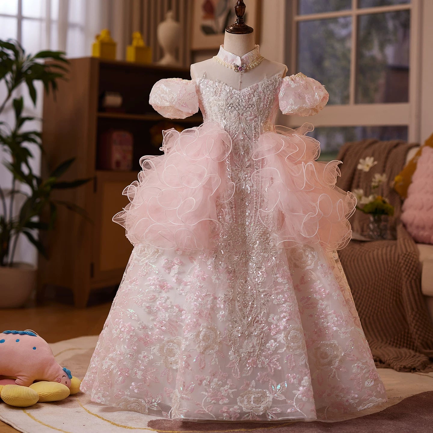 Girls' Light Pink Sequin Maxi Dress - A-Line Tiered Princess Gown