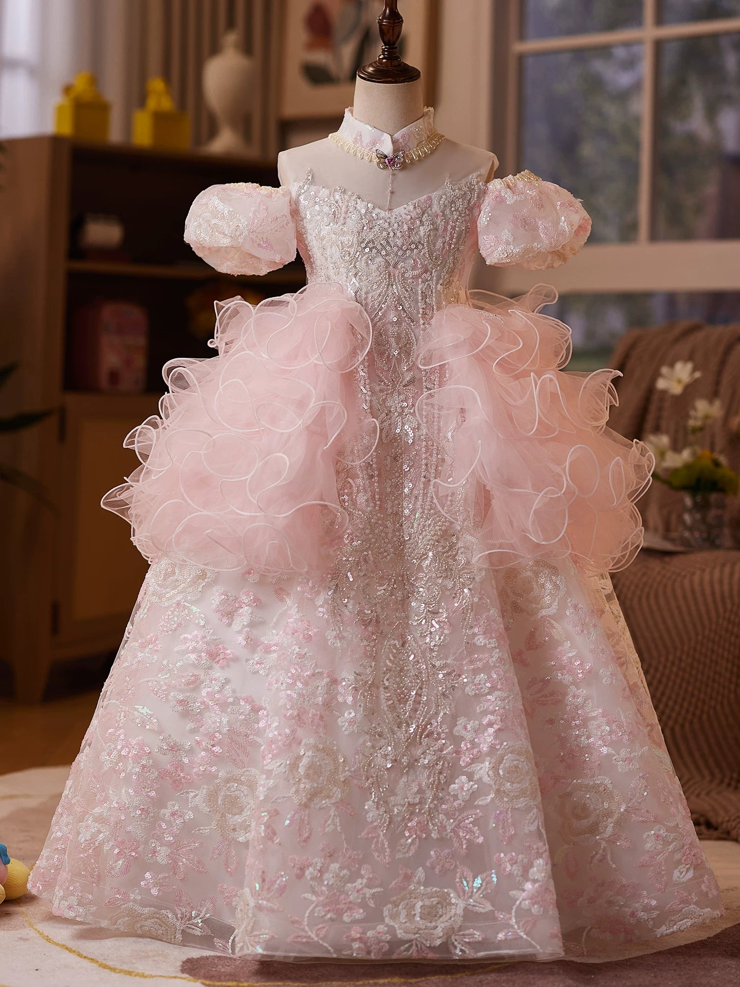 Girls' Light Pink Sequin Maxi Dress - A-Line Tiered Princess Gown