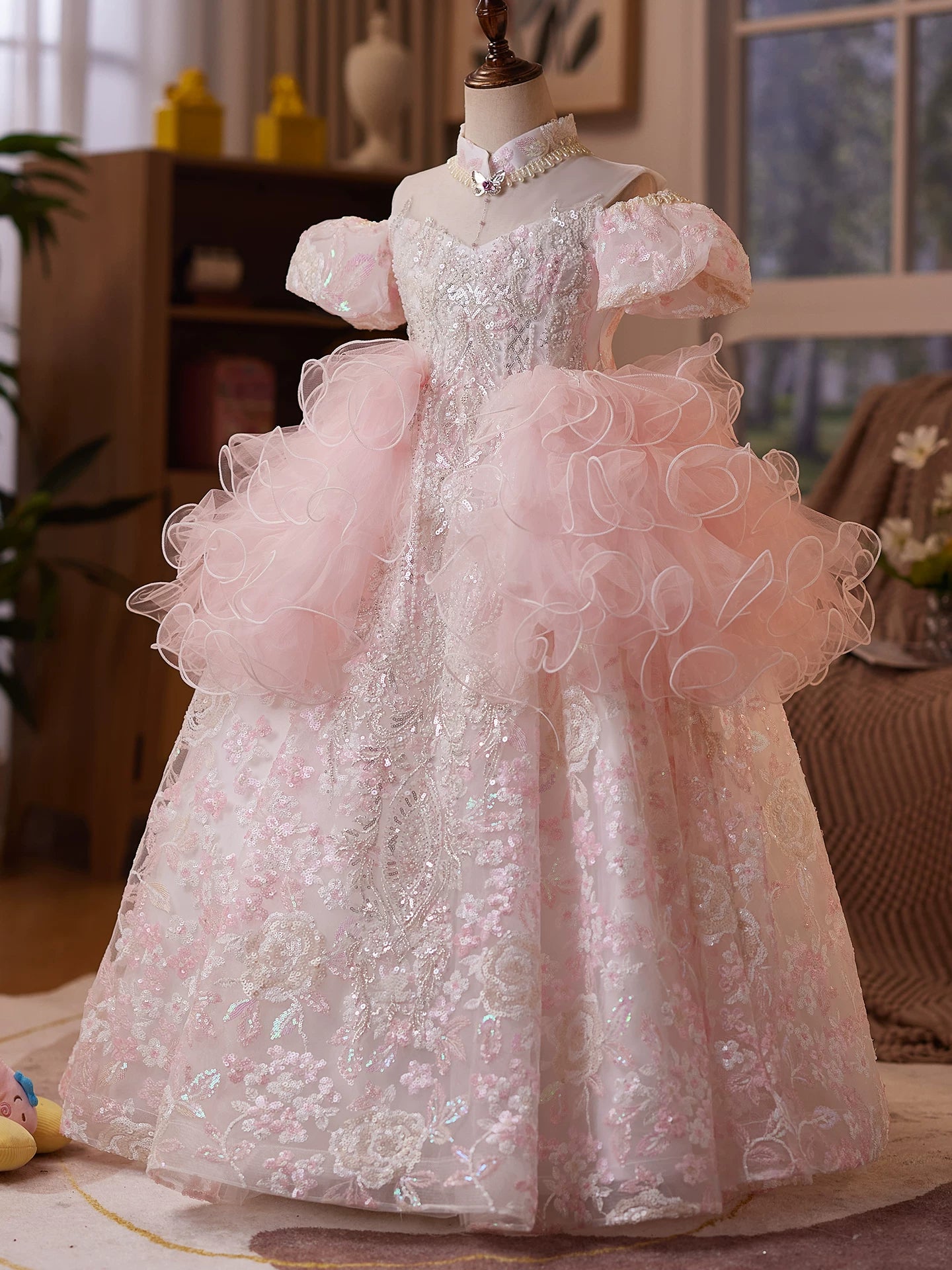 Girls' Light Pink Sequin Maxi Dress - A-Line Tiered Princess Gown