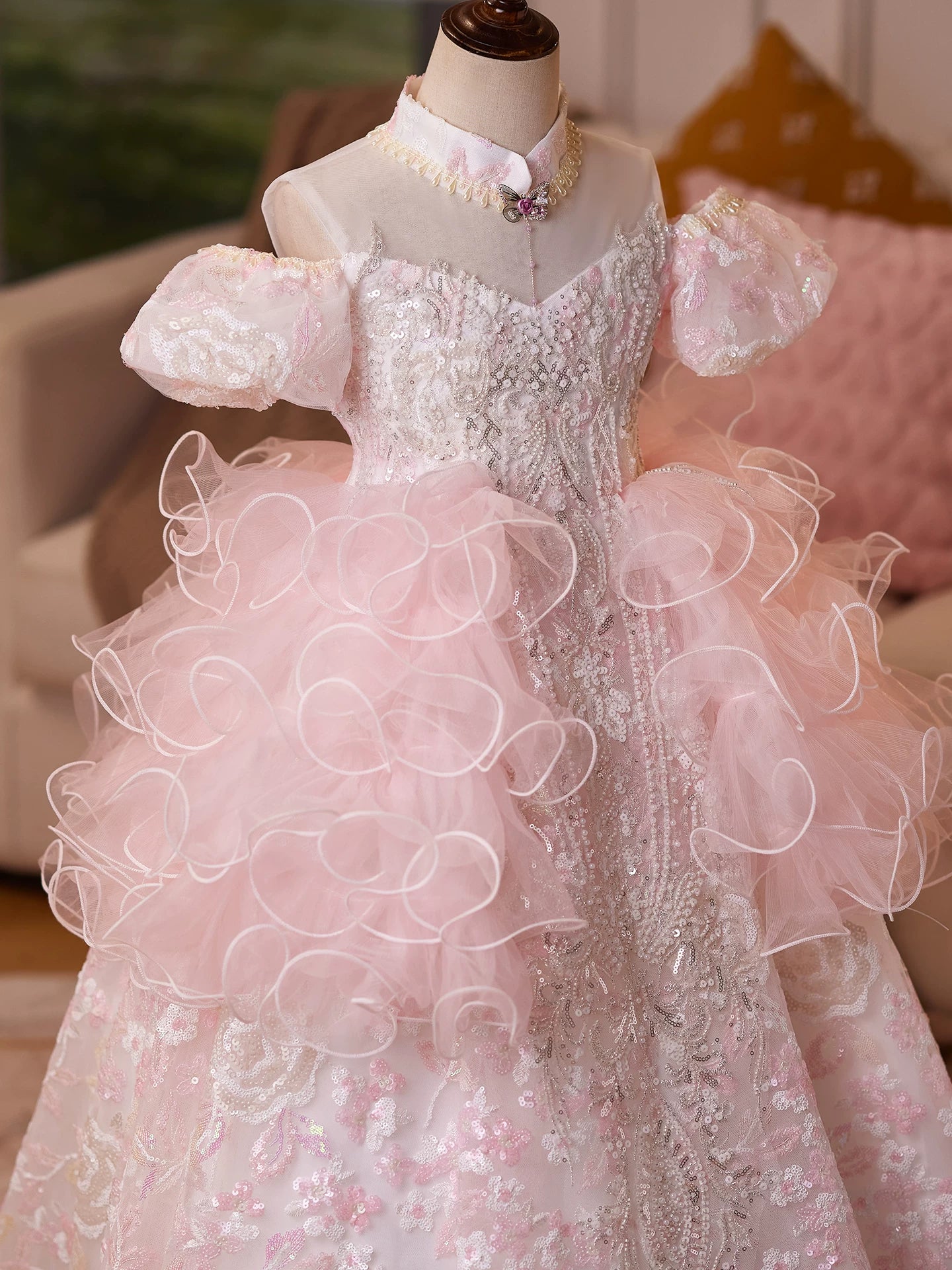 Girls' Light Pink Sequin Maxi Dress - A-Line Tiered Princess Gown