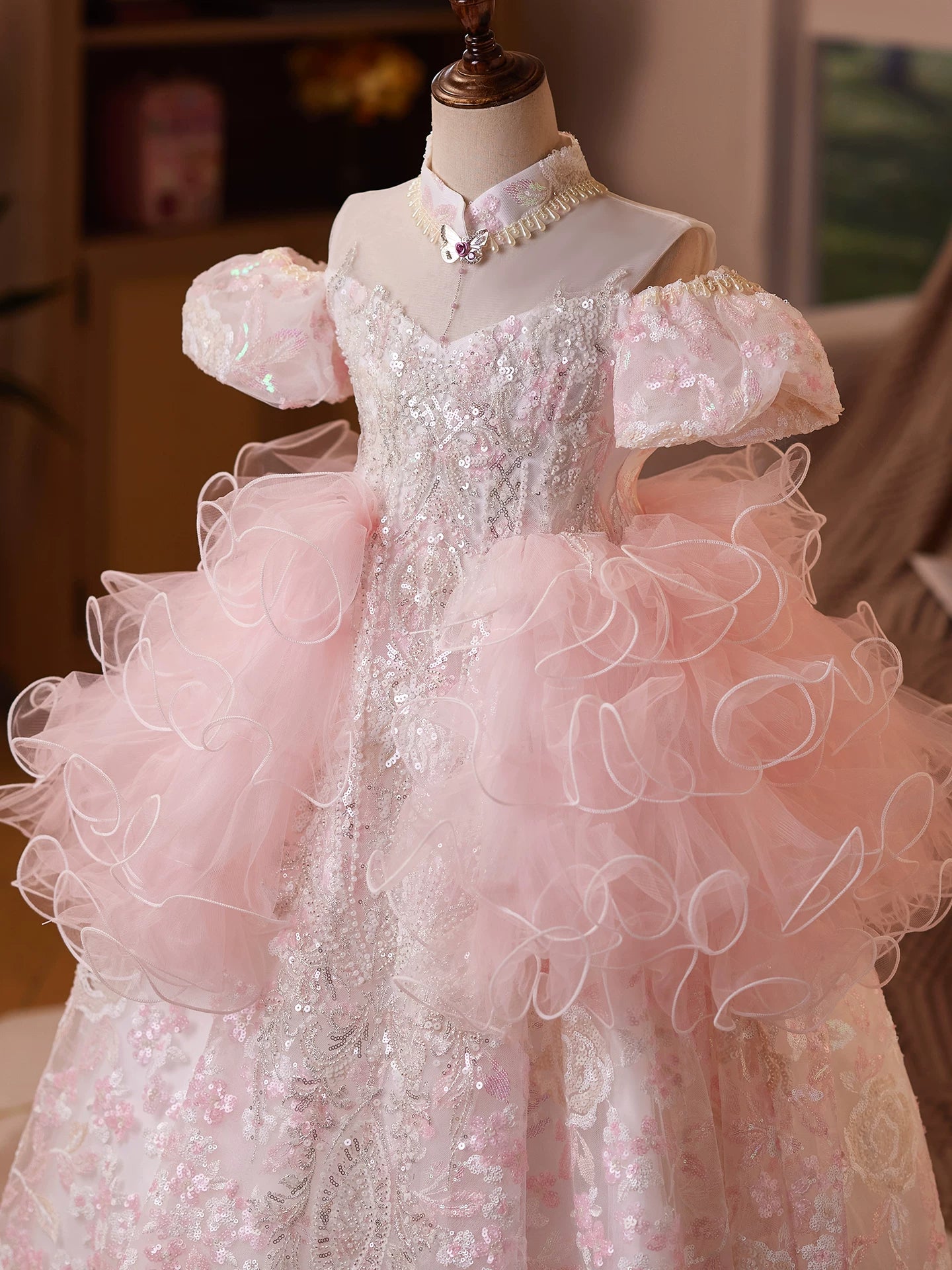 Girls' Light Pink Sequin Maxi Dress - A-Line Tiered Princess Gown