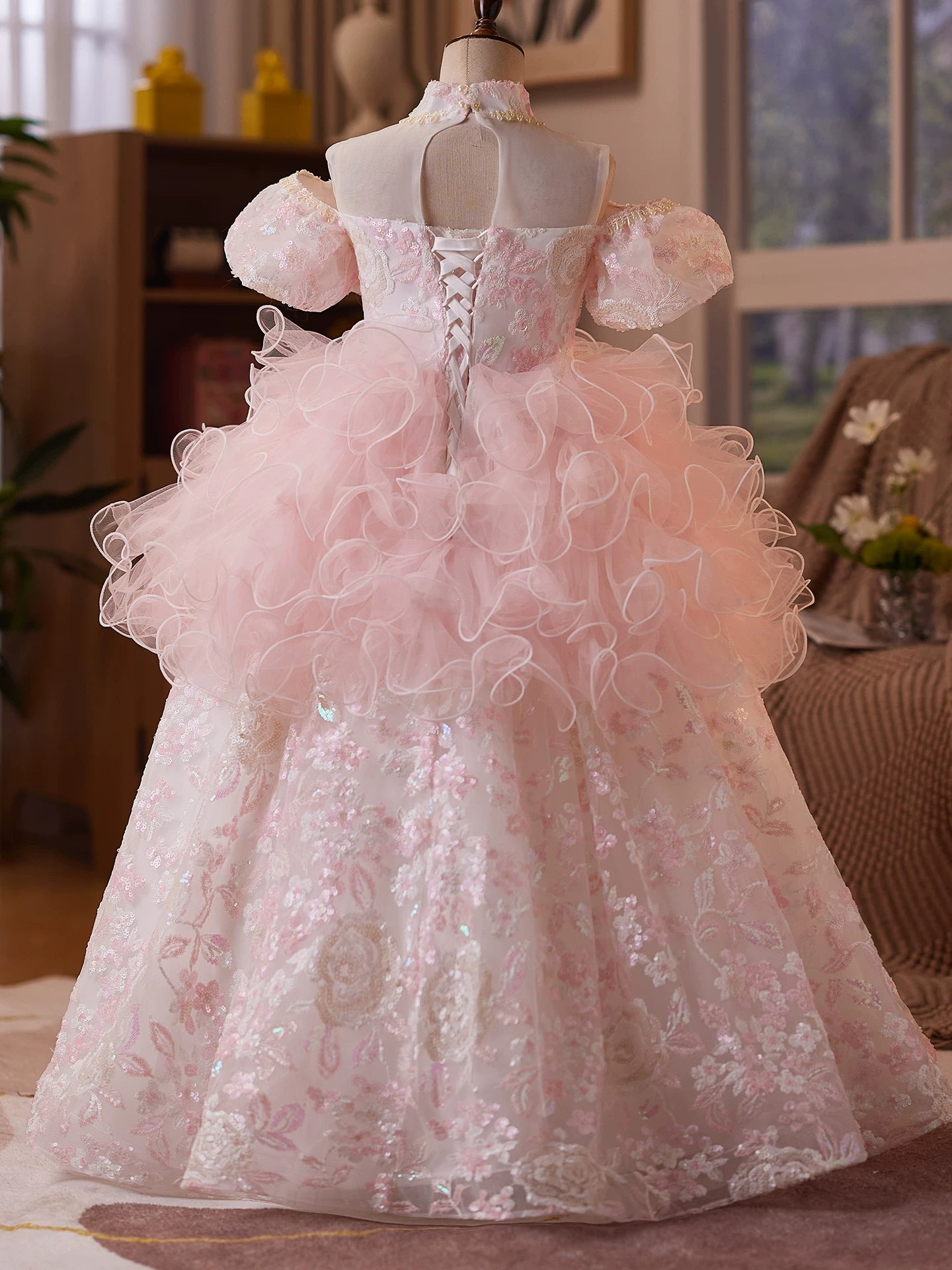 Girls' Light Pink Sequin Maxi Dress - A-Line Tiered Princess Gown