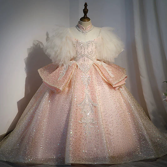 Light Pink Sequined Maxi Dress for Girls with Train - Formal & Flower Girl Gown