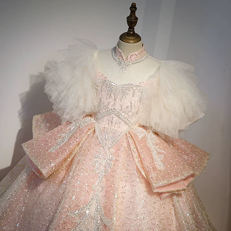 Light Pink Sequined Maxi Dress for Girls with Train - Formal & Flower Girl Gown