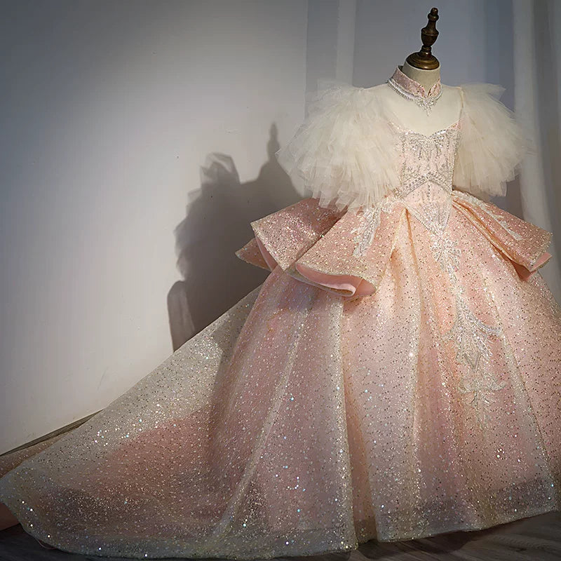 Light Pink Sequined Maxi Dress for Girls with Train - Formal & Flower Girl Gown