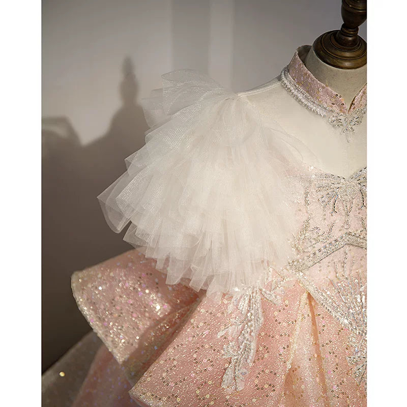 Light Pink Sequined Maxi Dress for Girls with Train - Formal & Flower Girl Gown