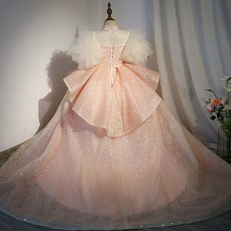 Light Pink Sequined Maxi Dress for Girls with Train - Formal & Flower Girl Gown