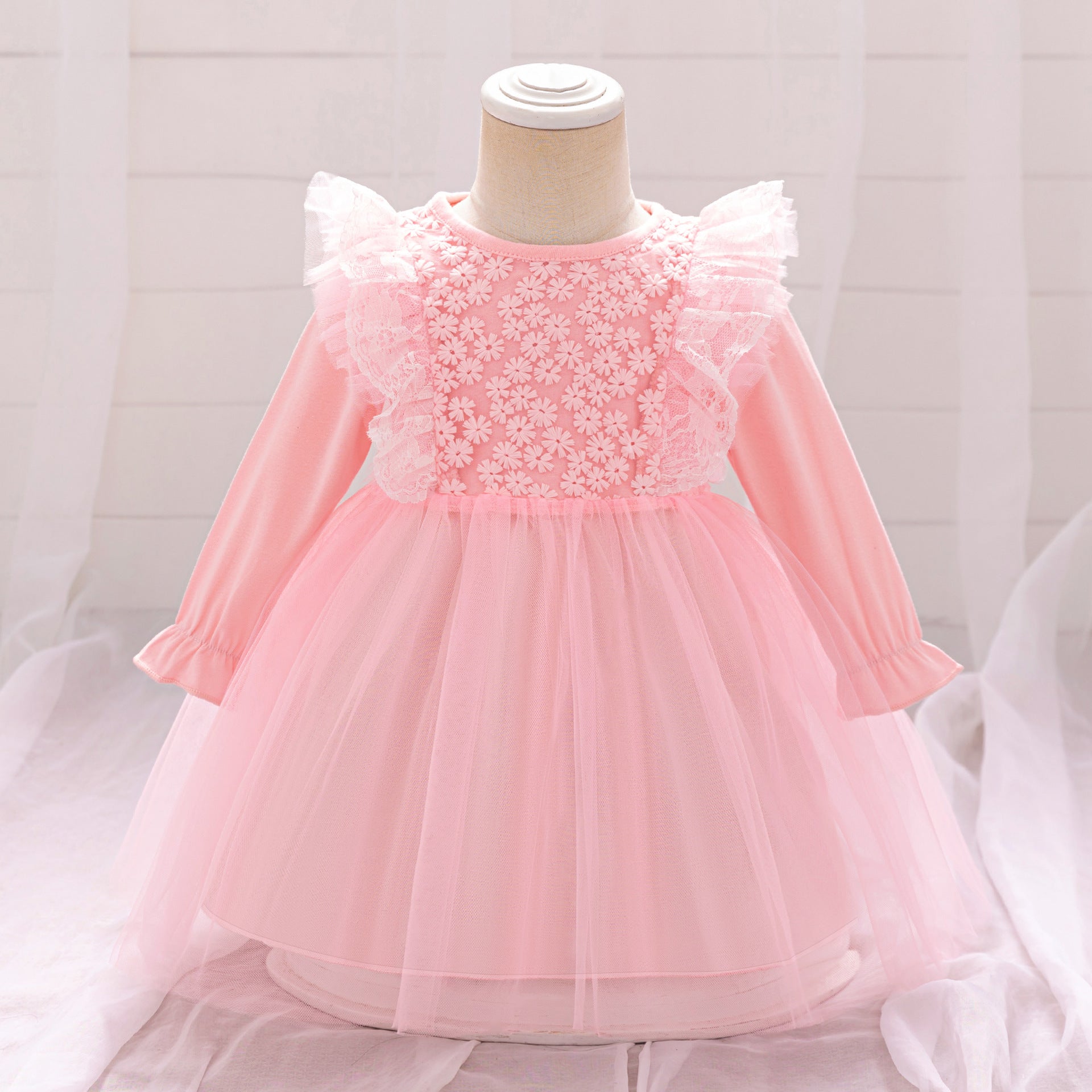 Cute A-line Pink Tulle Princess Dress for Baby & Toddler | Long Sleeve Embroidered Party Gown