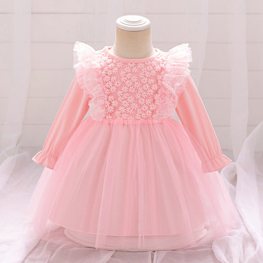 Cute A-line Pink Tulle Princess Dress for Baby & Toddler | Long Sleeve Embroidered Party Gown