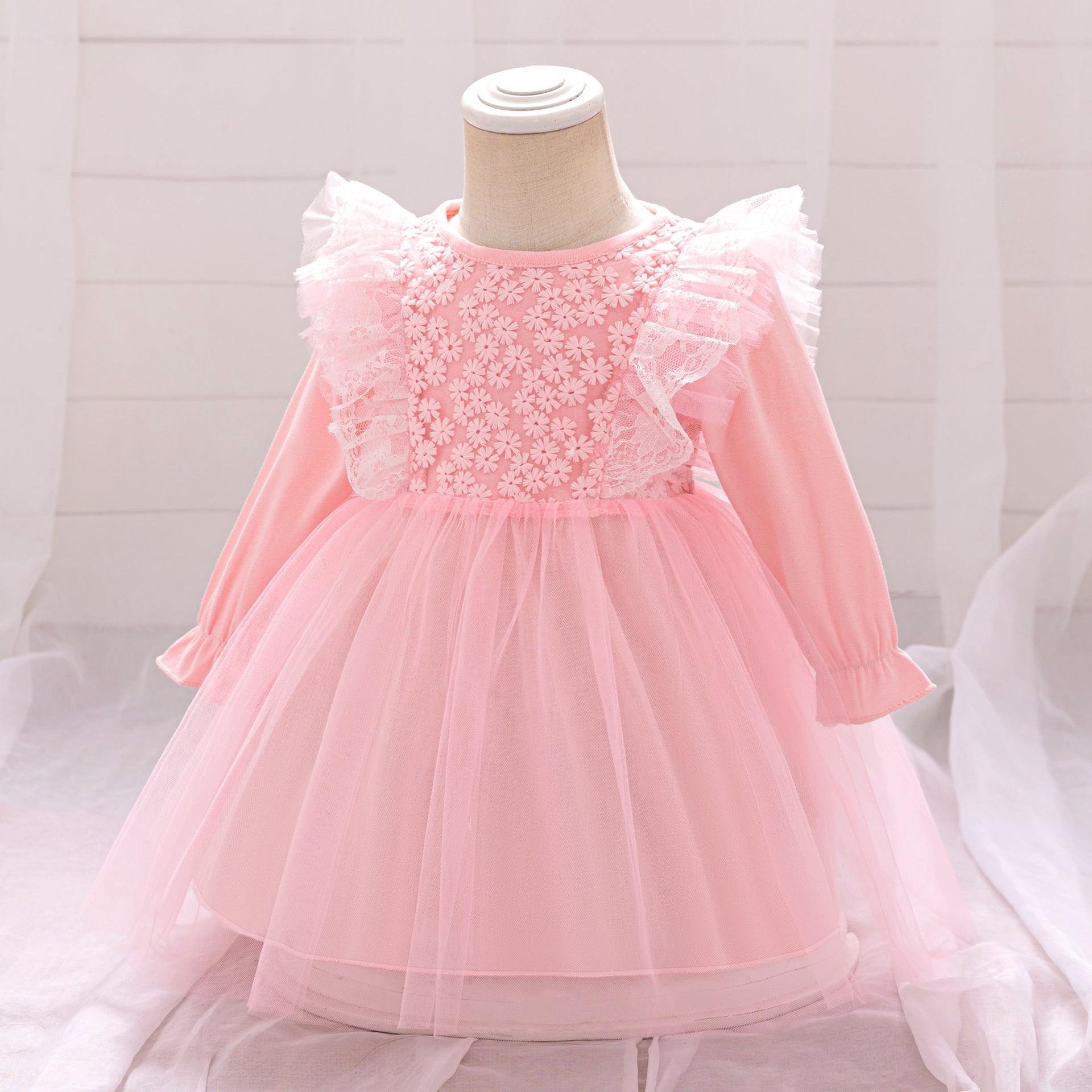 Cute A-line Pink Tulle Princess Dress for Baby & Toddler | Long Sleeve Embroidered Party Gown