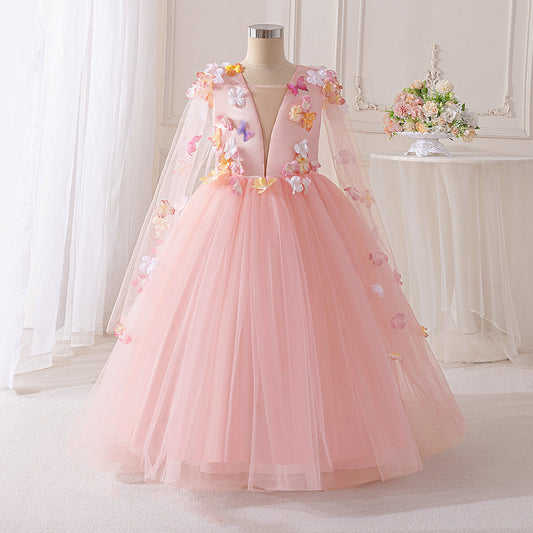 Light Pink Tulle Princess Maxi Dress Long Sleeve for Girls (5-13Y)