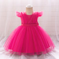 Little Girls' Rose Red Puffy Tulle Dress with Flutter Sleeves and Bow