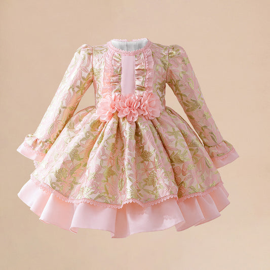 Light Pink Satin Princess Dress with Floral Details for Toddlers (6M-3Y) | Long Sleeve, Tea Length