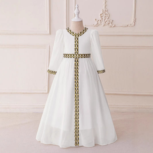 Embroidered Long Sleeve A-line Maxi Dress for Girls (3-8 Years) - White Chiffon