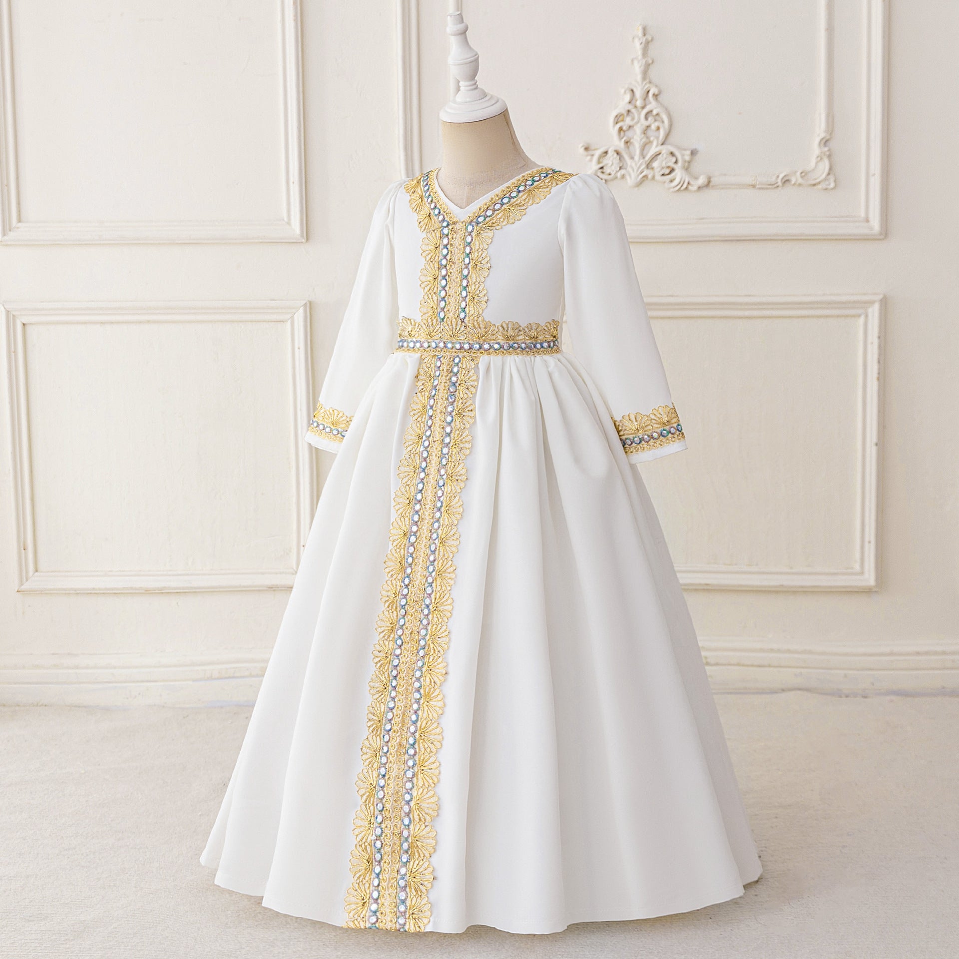 Long Sleeve Embroidered Lace Maxi Dress for Girls | Cute A-line Flower Girl Gown