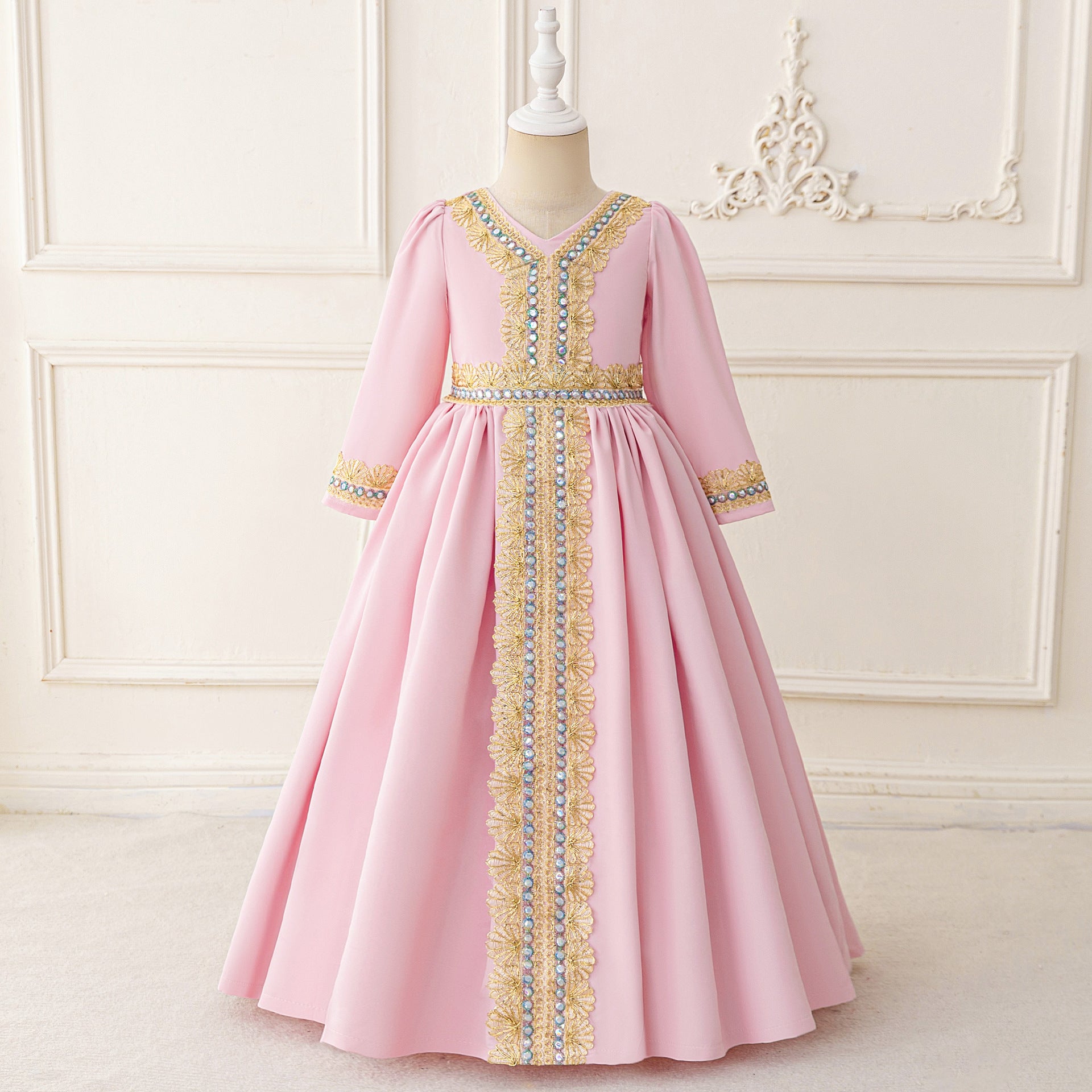 Long Sleeve Embroidered Lace Maxi Dress for Girls | Cute A-line Flower Girl Gown