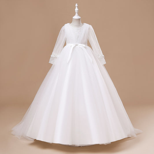 Long Sleeve Embroidered Tulle Princess Dress with Bow | Floor-Length Girls Party Gown