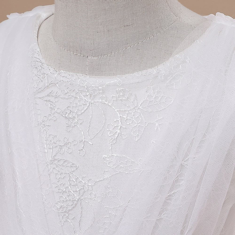 Long Sleeve Embroidered Tulle Princess Dress with Bow | Floor-Length Girls Party Gown