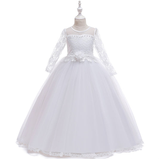 Long Sleeve Tulle & Lace Princess Maxi Dress for Girls (4-13Y) – Flower Girl & Party Gown