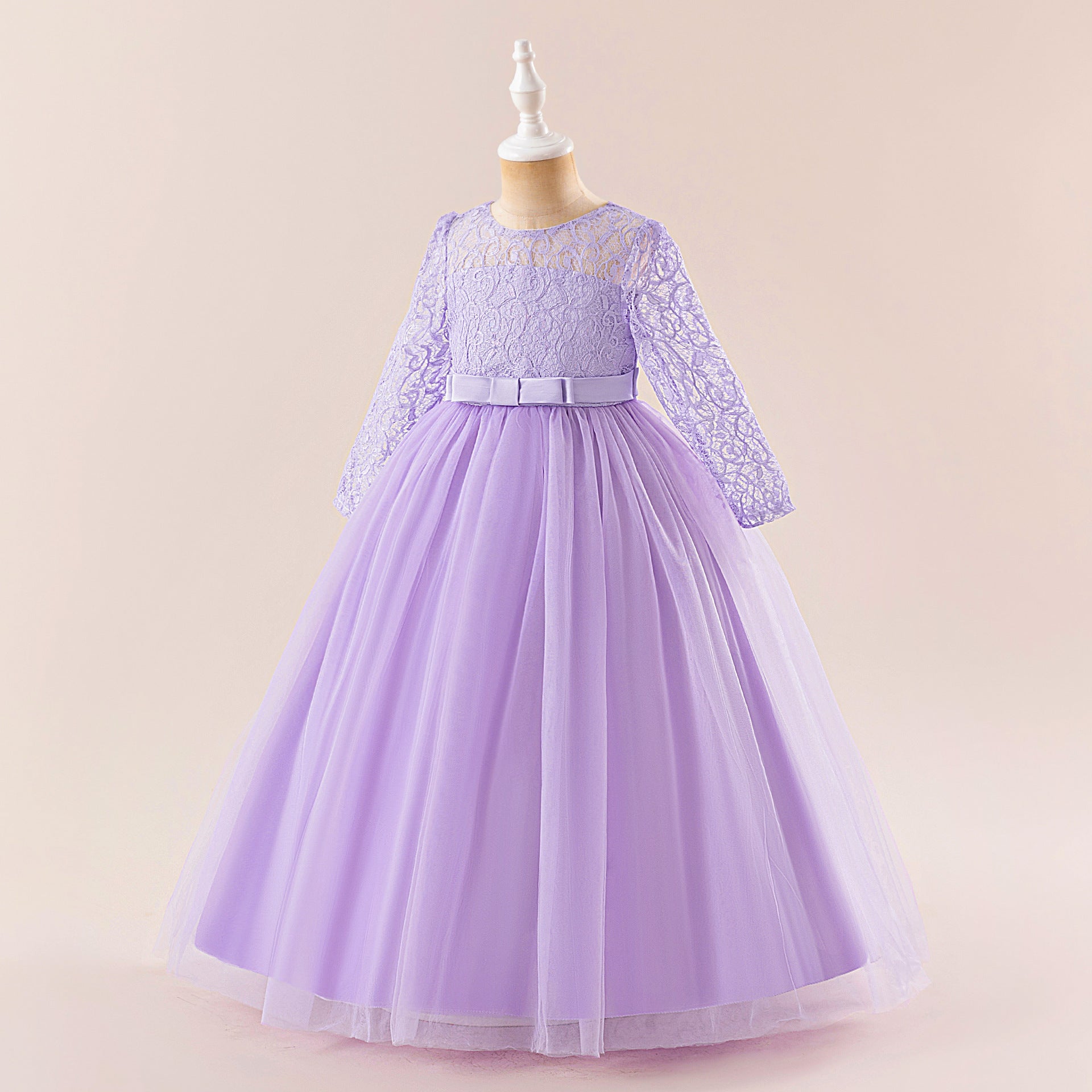 Cute Long Sleeve A-line Princess Dress for Girls - Lace Mesh Maxi Gown