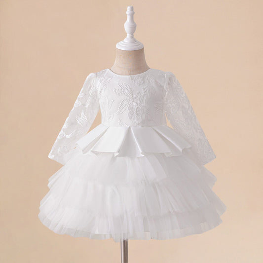 Adorable Long Sleeve Lace Flower Girl Dress – White A-Line Princess Gown