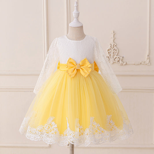 Cute Long Sleeve Lace & Tulle Flower Girl Dress with Bow – A-line Tea Length