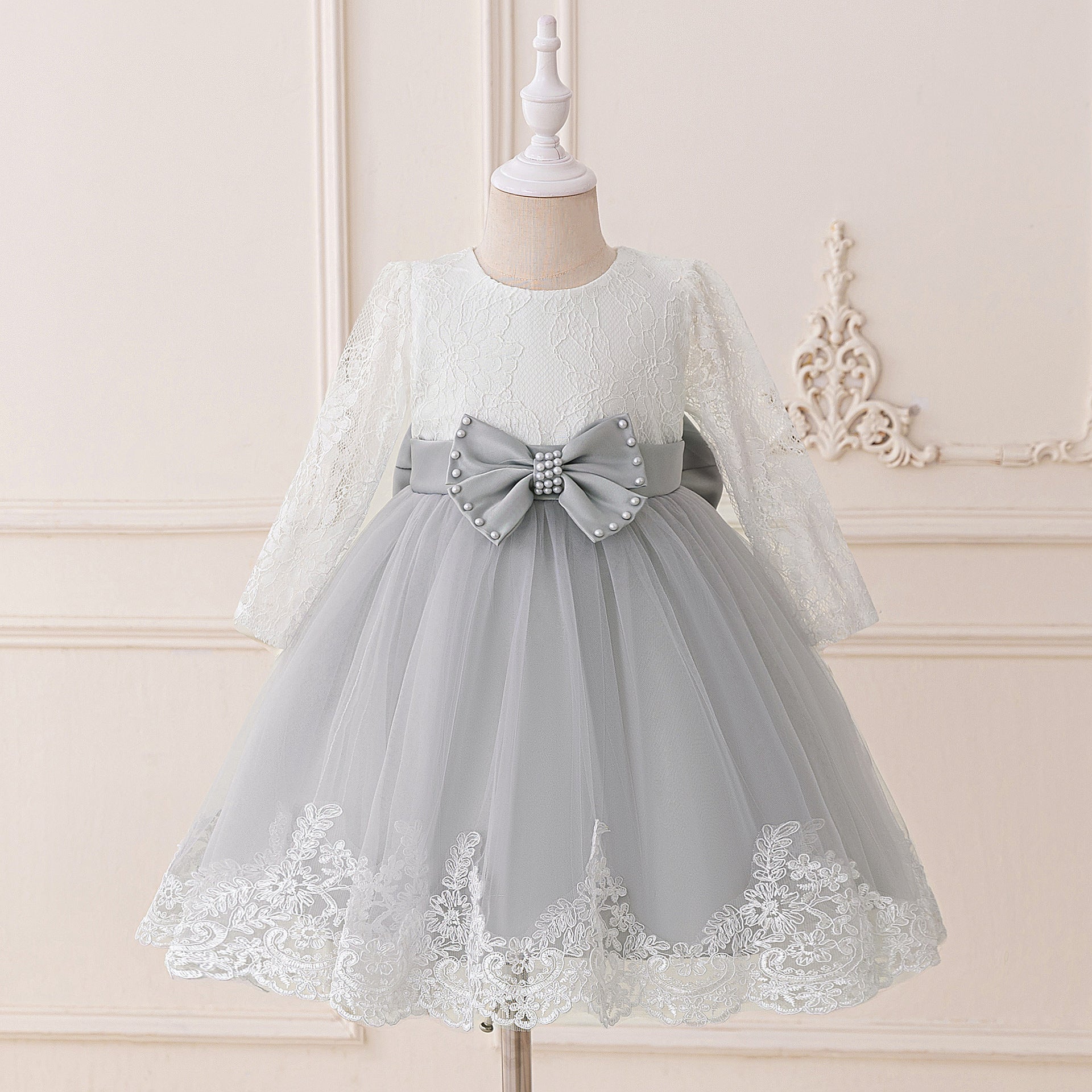 Frocklet Cute Long Sleeve Lace & Tulle Flower Girl Dress with Bow – A-line Tea Length 18