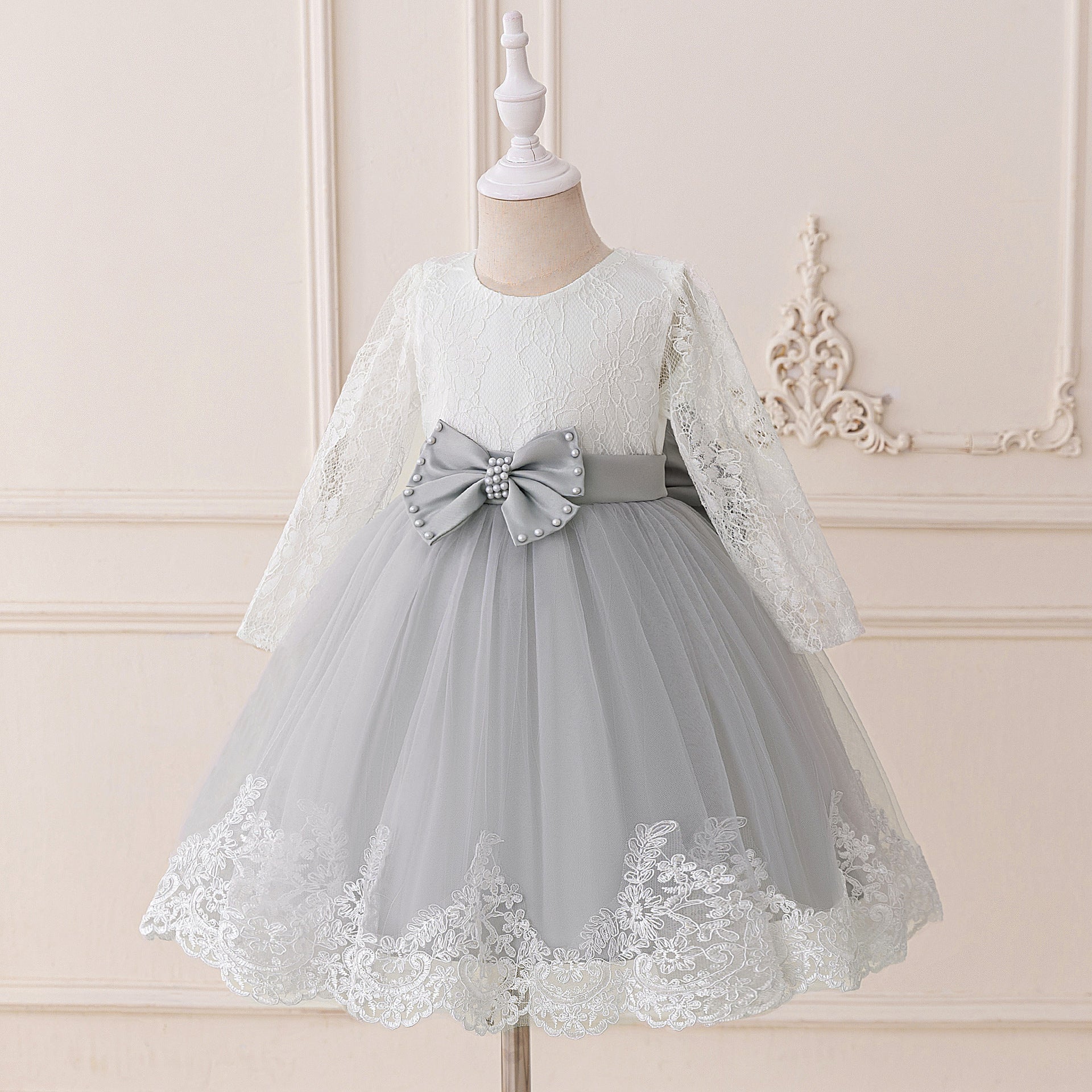 Cute Long Sleeve Lace & Tulle Flower Girl Dress with Bow – A-line Tea Length