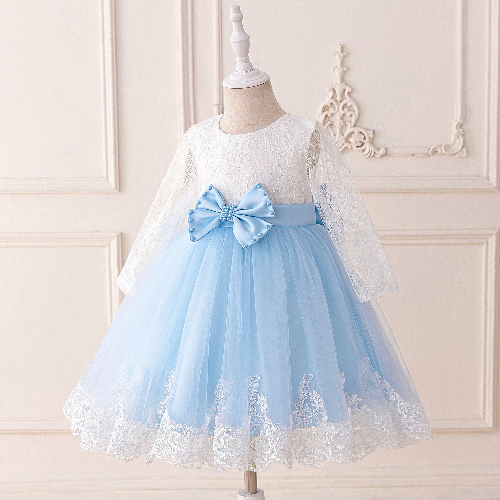 Cute Long Sleeve Lace & Tulle Flower Girl Dress with Bow – A-line Tea Length