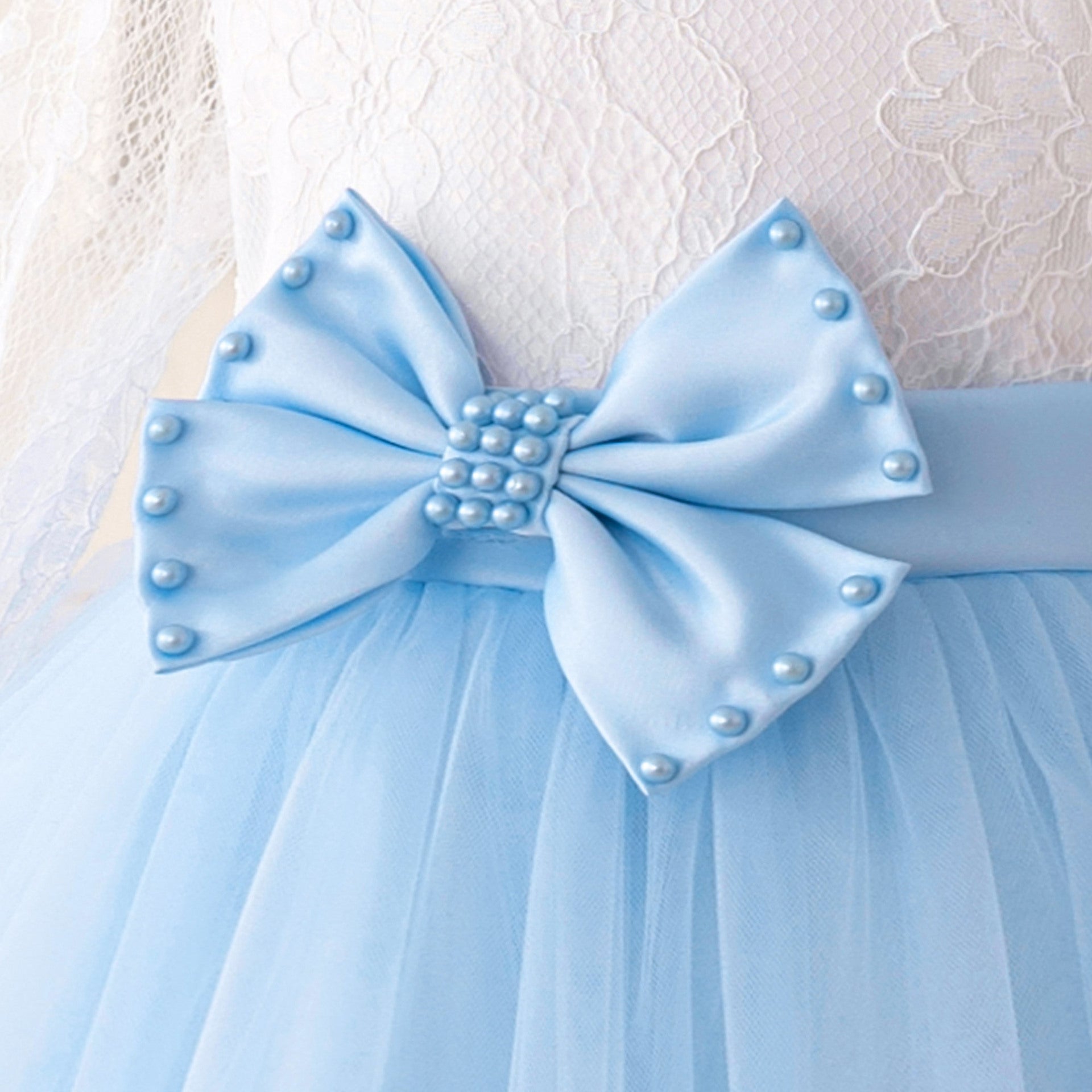 Cute Long Sleeve Lace & Tulle Flower Girl Dress with Bow – A-line Tea Length
