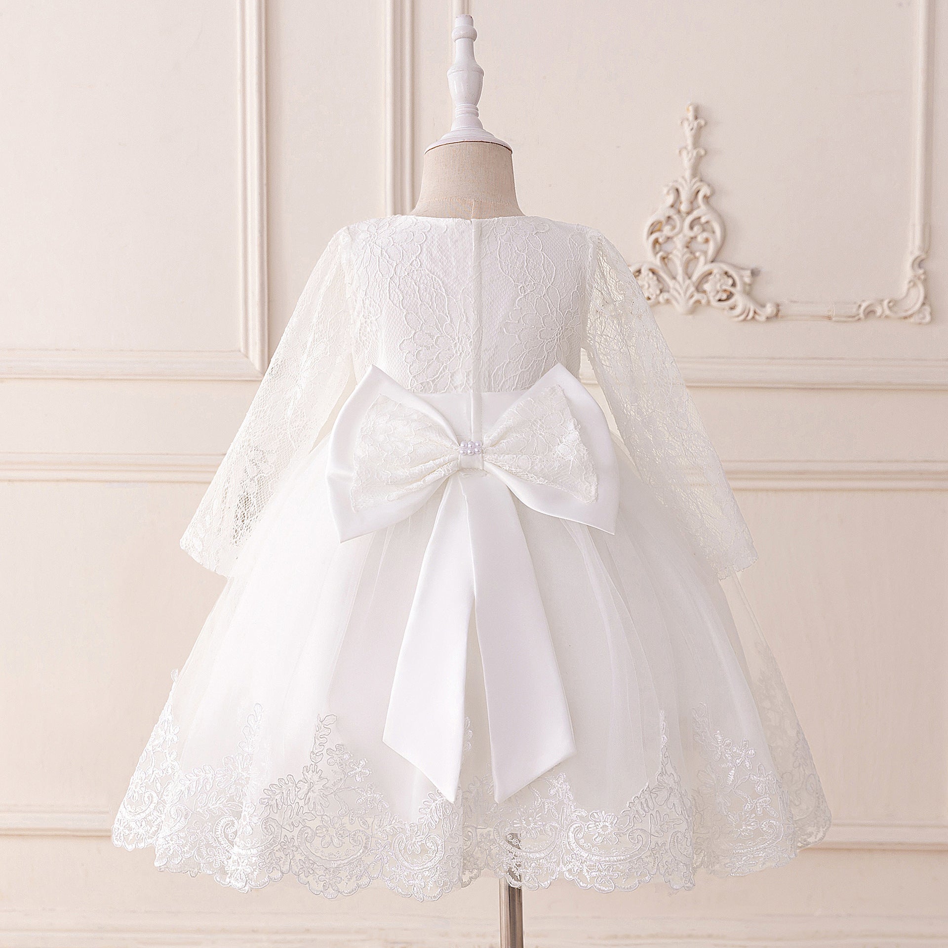 Cute Long Sleeve Lace & Tulle Flower Girl Dress with Bow – A-line Tea Length