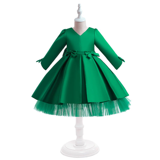 Cute Long Sleeve Satin A-Line Flower Girl Dress with Bowknot | Tea Length