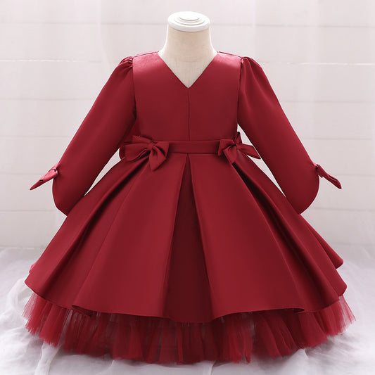 Cute Long Sleeve Satin A-Line Flower Girl Dress with Bowknot | Tea Length