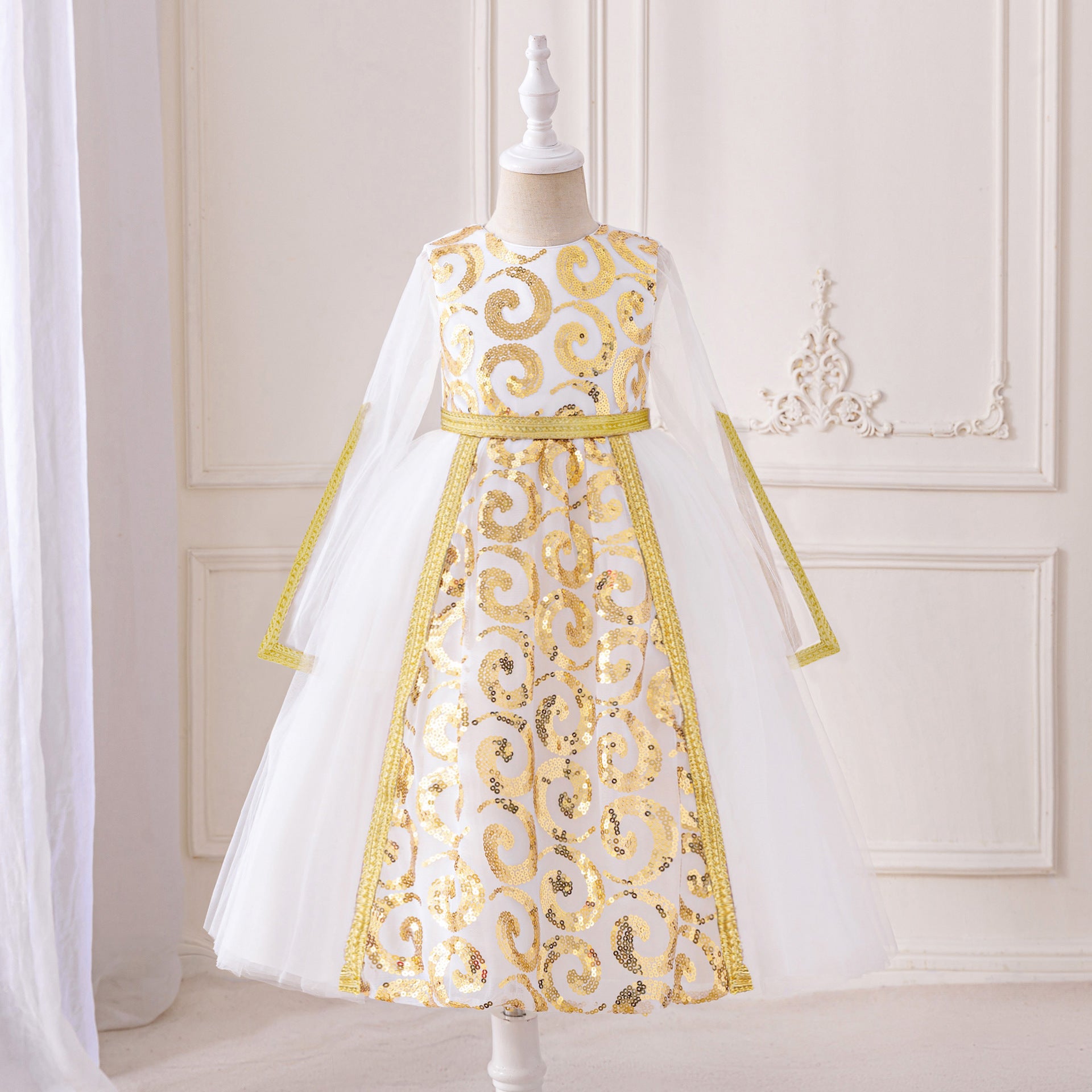 Girls White Sequin Tulle Maxi Princess Dress with Long Sleeves - Occasion Gown Ages 3-8